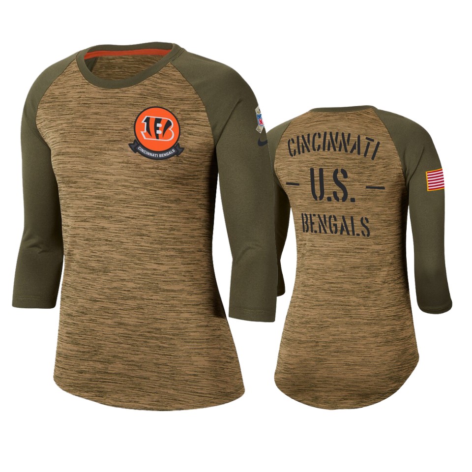 Women's Cincinnati Bengals Khaki 2019 Salute to Service Legend Scoopneck Raglan 3/4 Sleeve T-Shirt(Run Small)